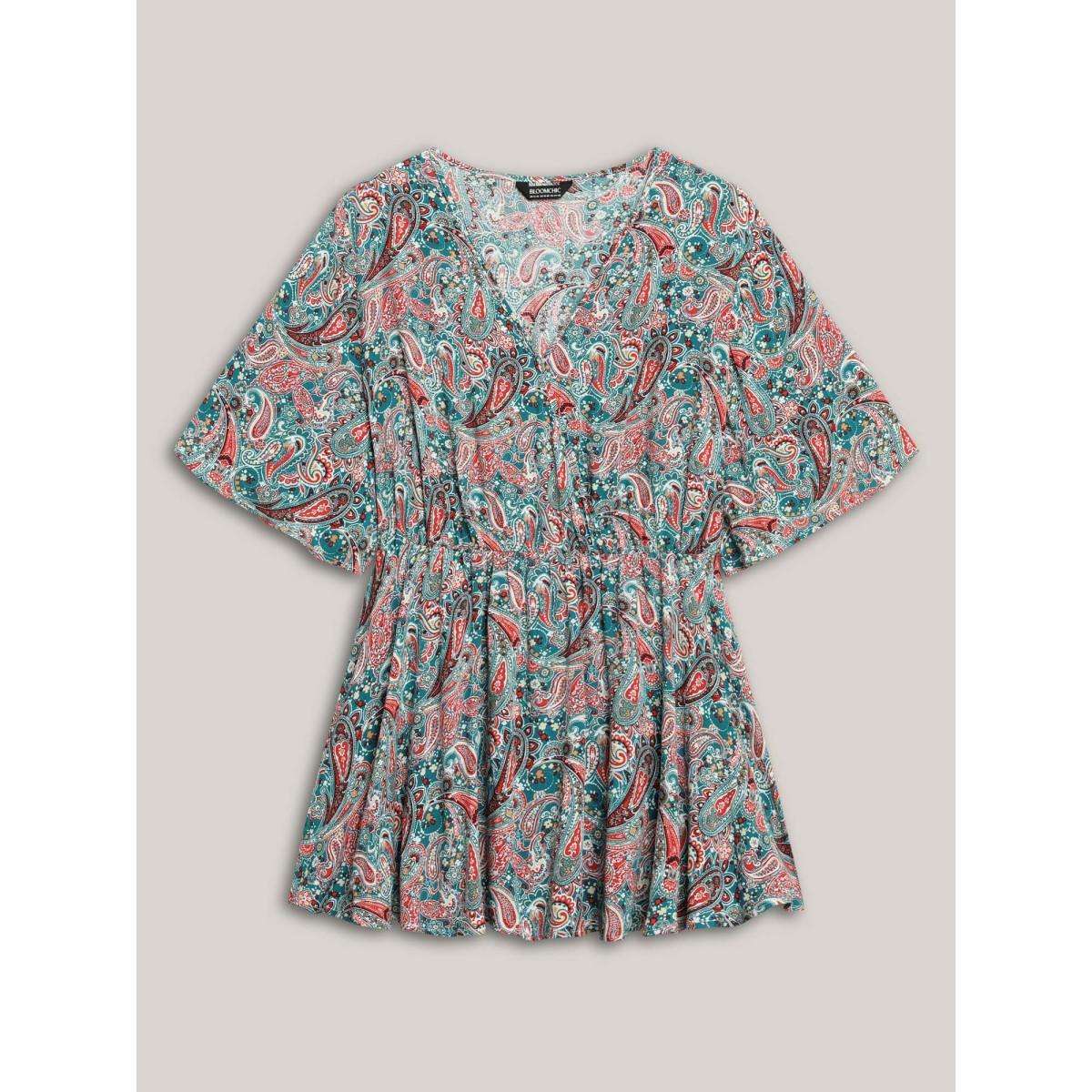 Plus Size DarkGreen Paisley Print V-Neck Flared Sleeve Blouse Women Half Sleeve V-neck Vacation Blouses BloomChic 14-16/1X Product Image