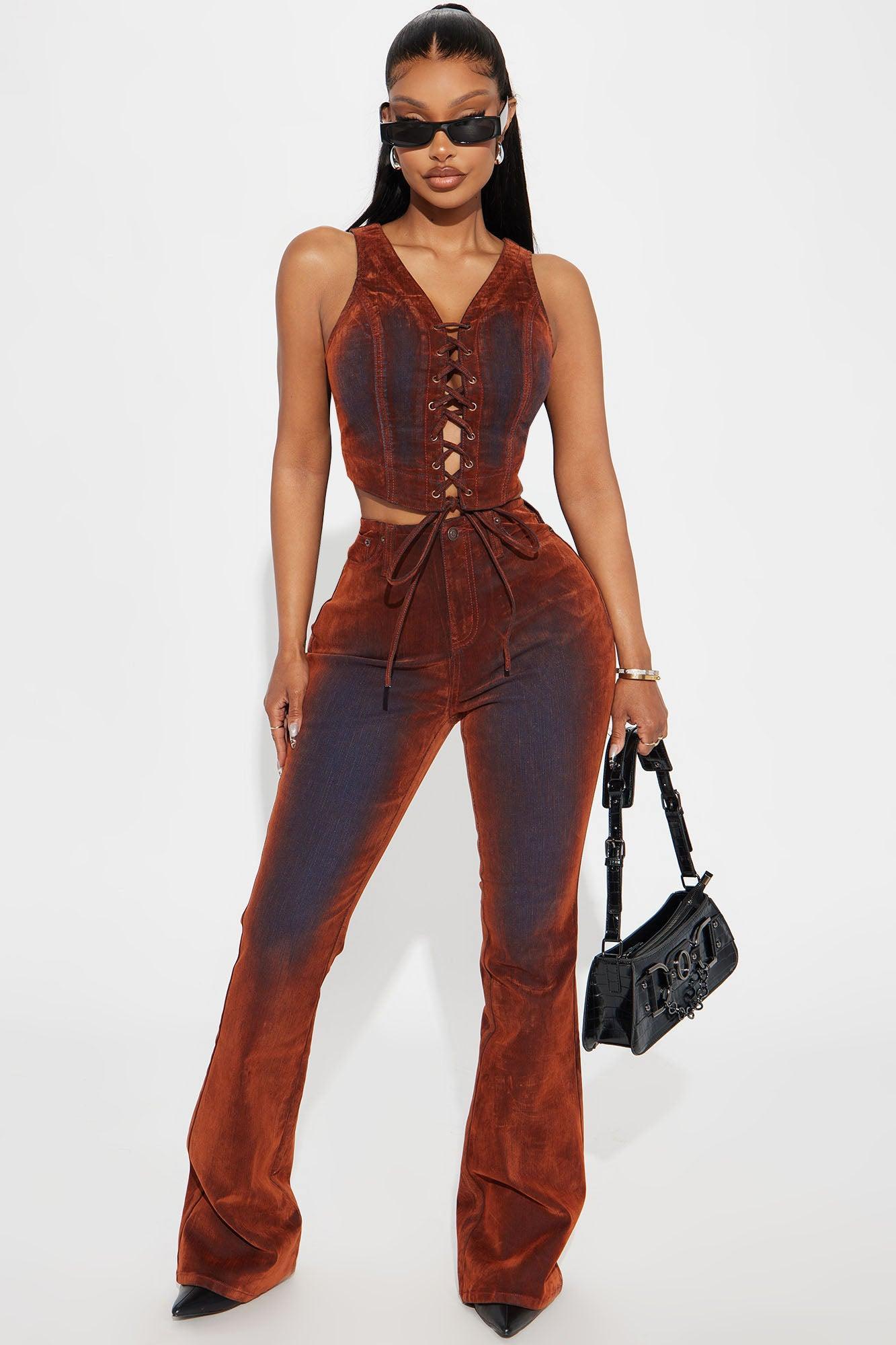 They're Not Like Us Stretch Velvet Flare Jeans - Copper Product Image