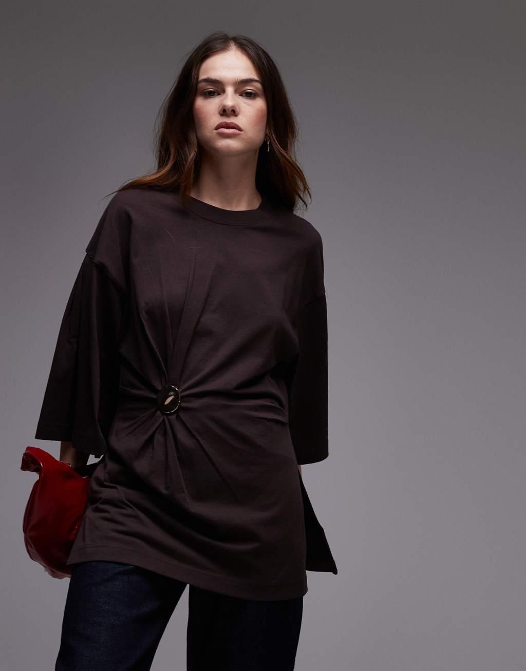 & Other Stories oversize jersey top in brown with asymmetric gold clasp detail  Product Image