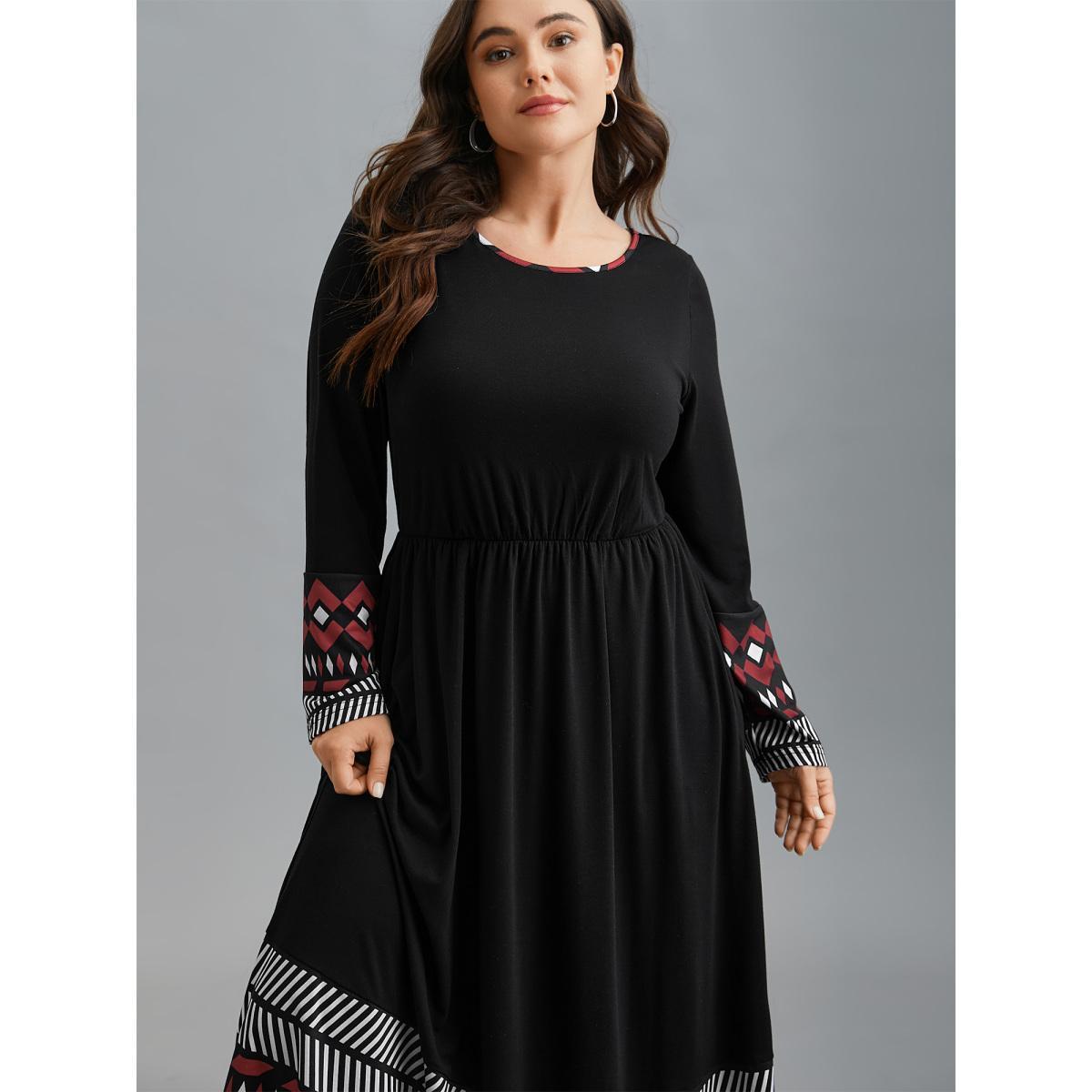 Plus Size Crew Neck Geometric Print Patchwork Dress BlackFlower Women Casual Non Knit Dresses Bloomchic 18-20/2X Product Image