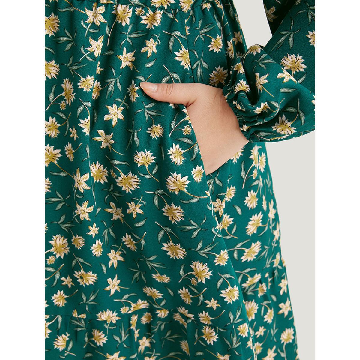 Plus Size Floral Print Surplice Neck Elastic Cuffs Dress Teal Women Elegant Elastic cuffs V-neck Long Sleeve Curvy Midi Dress BloomChic 30/6X Product Image