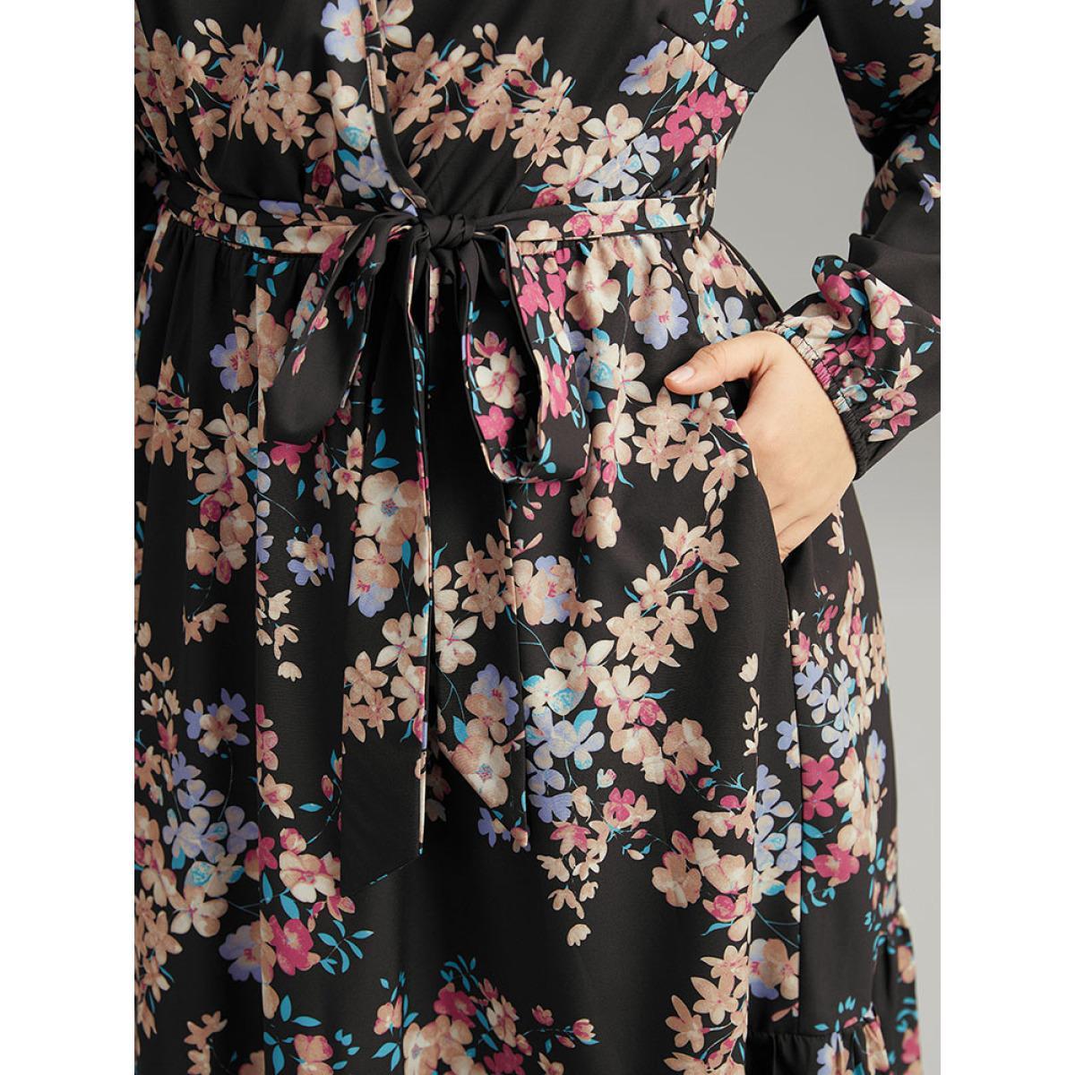 Plus Size Floral Print Overlap Collar Elastic Cuffs Dress Black Women Elegant Elastic cuffs Overlap Collar Long Sleeve Curvy Midi Dress BloomChic 28/5X Product Image