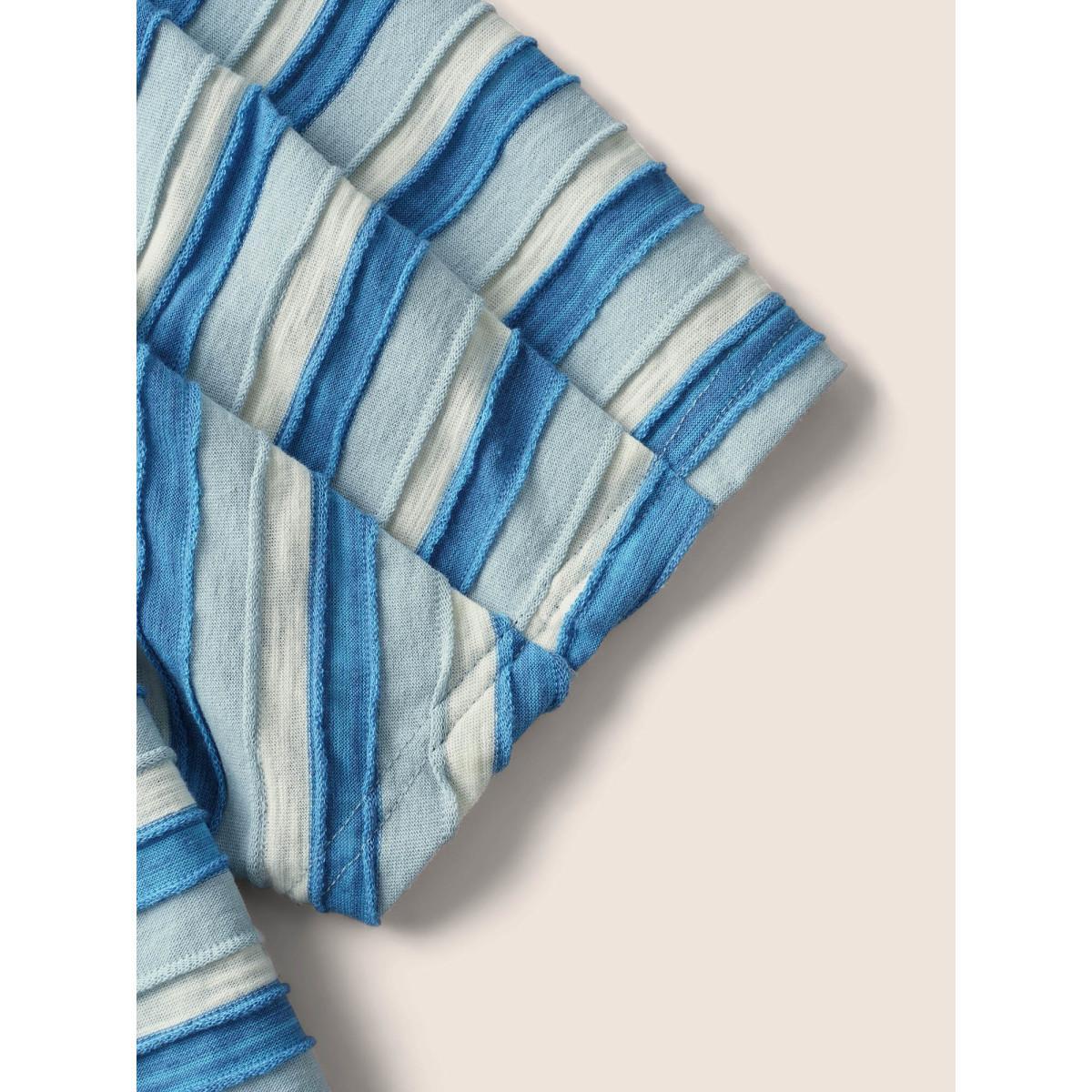 Plus Size V Neck Textured Striped Tie Knot T-shirt Skyblue Women Casual Texture V-neck Everyday T-shirts BloomChic 10/M Product Image