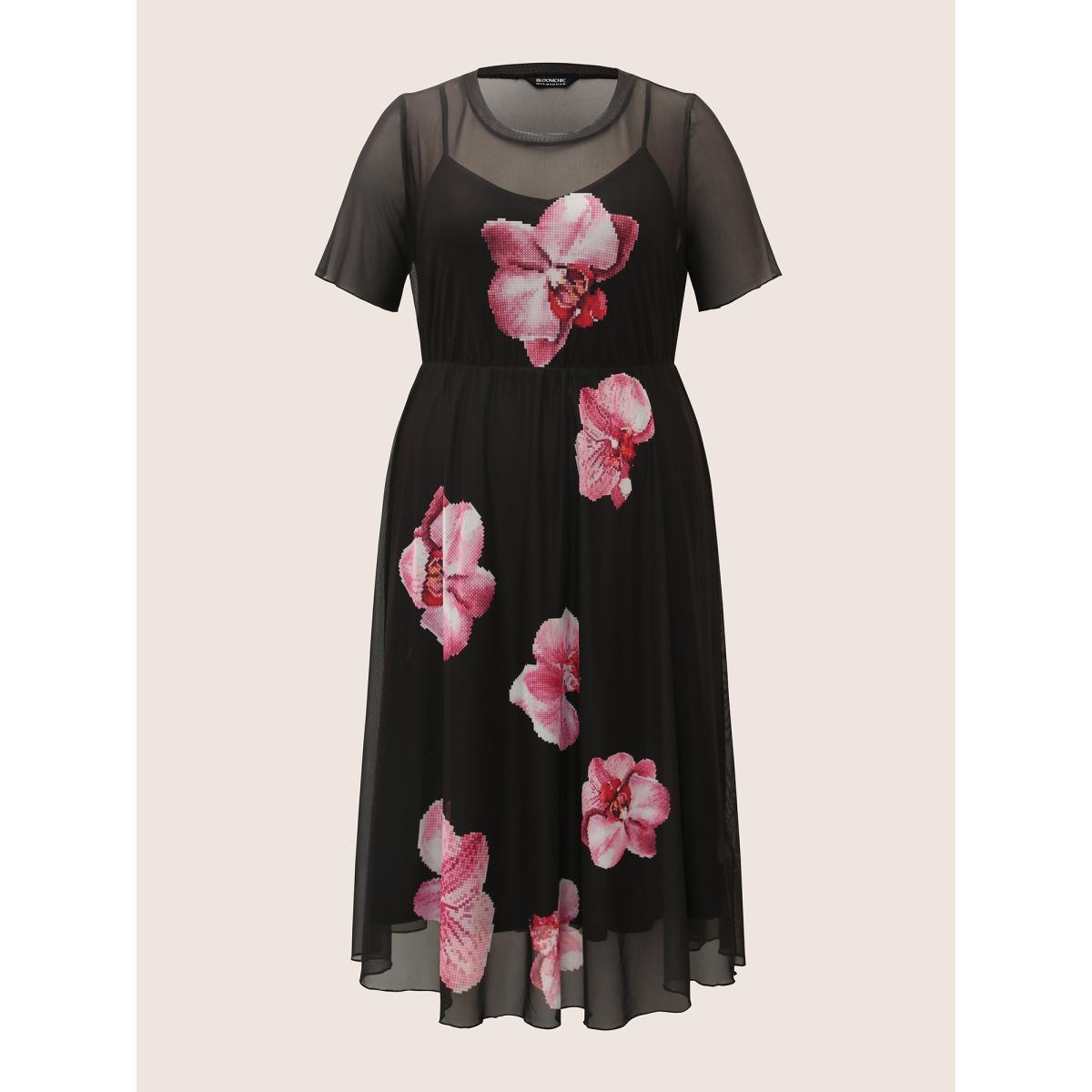 Plus Size Crew Neck Mesh Butterfly Orchid Midi Dress Black Women Elegant See through Round Neck Short sleeve Curvy BloomChic 14-16/1X Product Image
