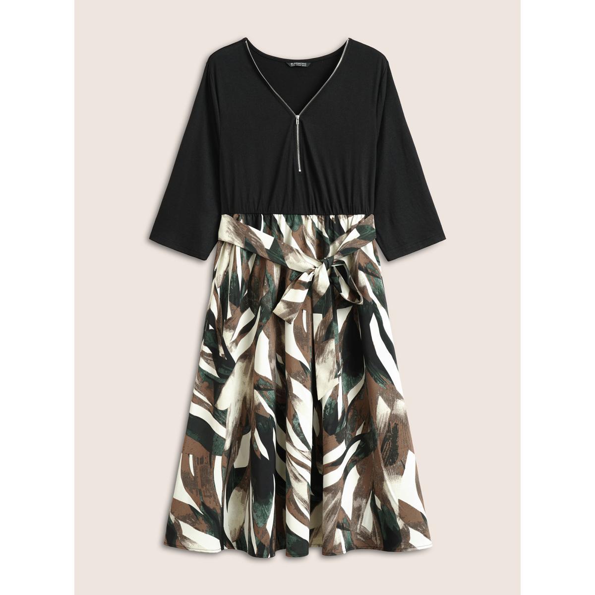 Plus Size Colorblock Contrast Half Zip Belted Dress Black Women At the Office Non V-neck Elbow-length sleeve Curvy Midi Dress BloomChic 12/L Product Image