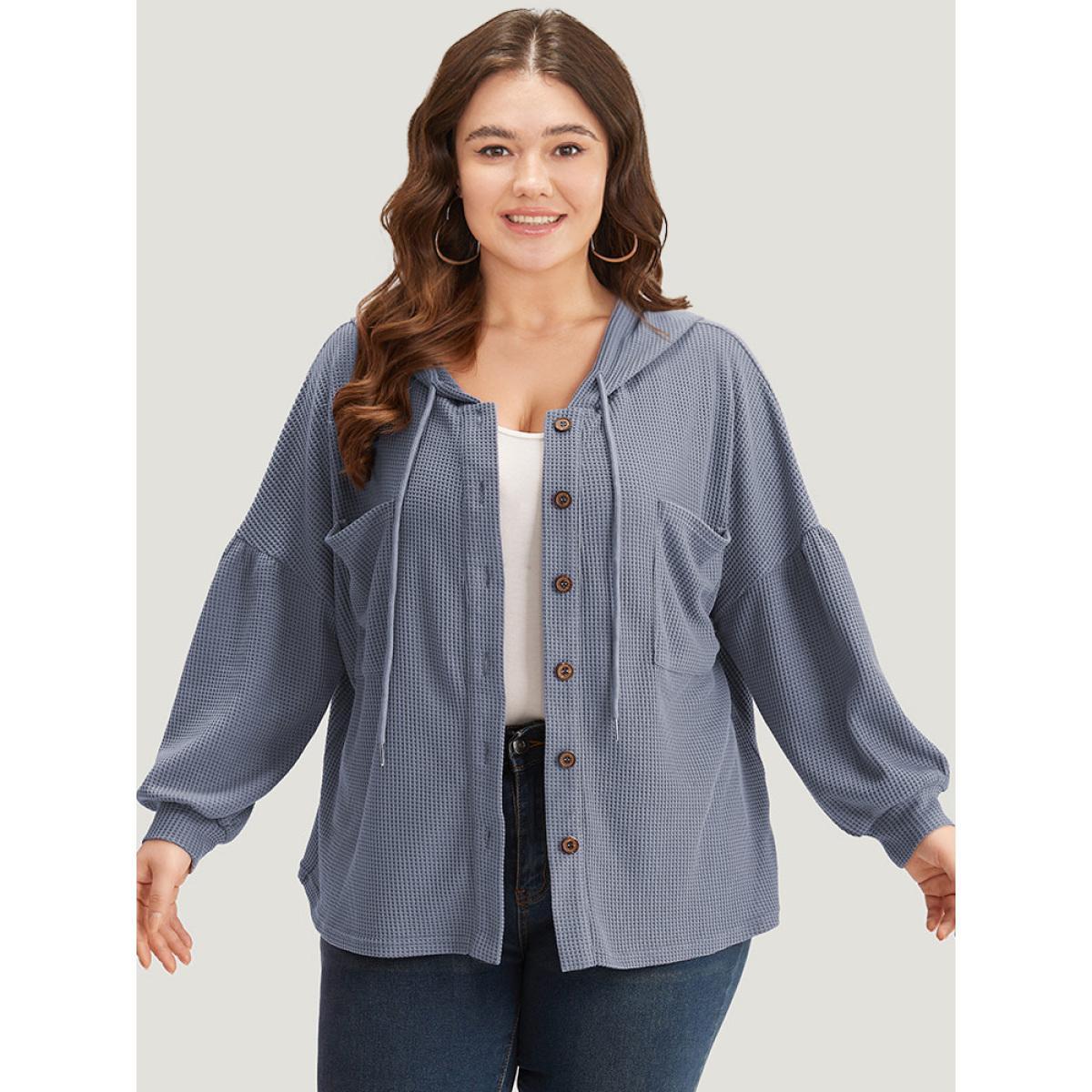 Plus Size Plain Texture Pocket Button Through Drawstring Hooded Jacket Women Stone Texture Pocket Dailywear Jackets BloomChic 30/6X Product Image