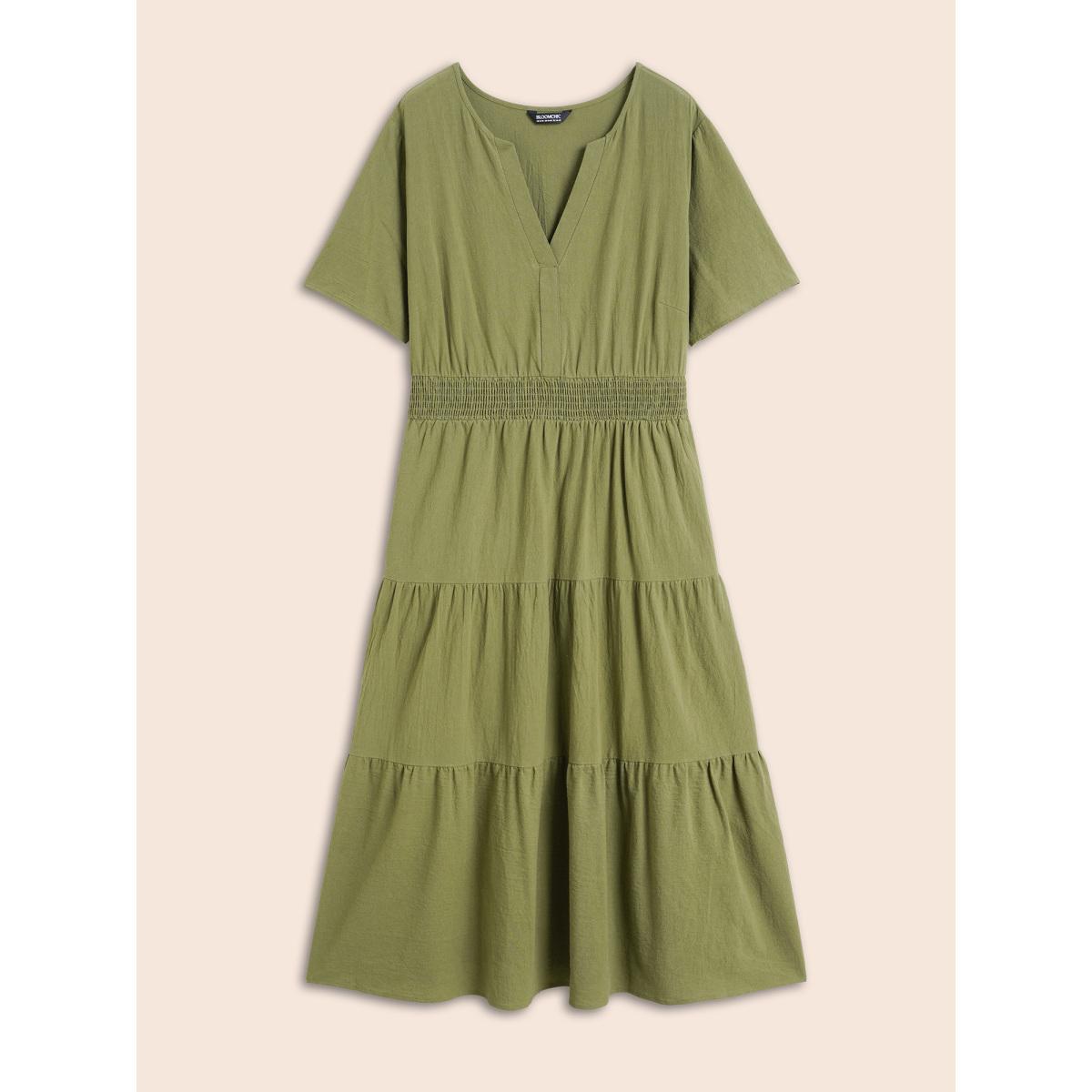 Plus Size Notched Shirred Ruffle Layered Hem Dress Olive Women Elegant Shirred Flat collar with V-notch Short sleeve Curvy BloomChic 10/M Product Image