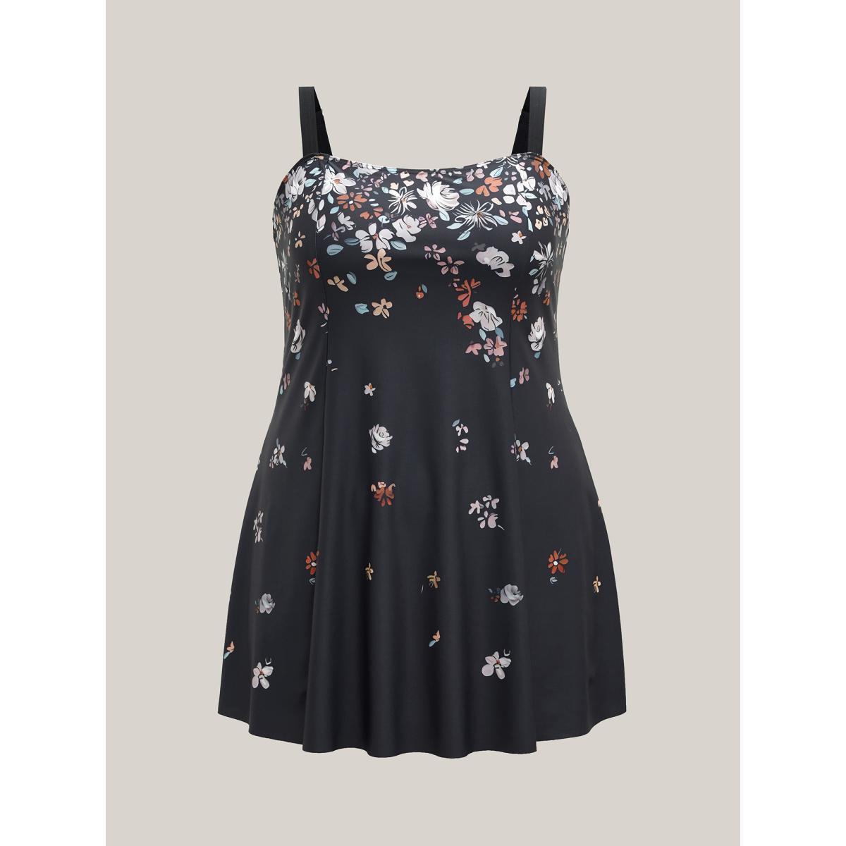 Plus Size Floral Print Non-Removable Cups Swim Dress Women's Swimwear Black Beach Bodycon Square Neck High stretch Curve Swim Dresses BloomChic 18-20/2X Product Image