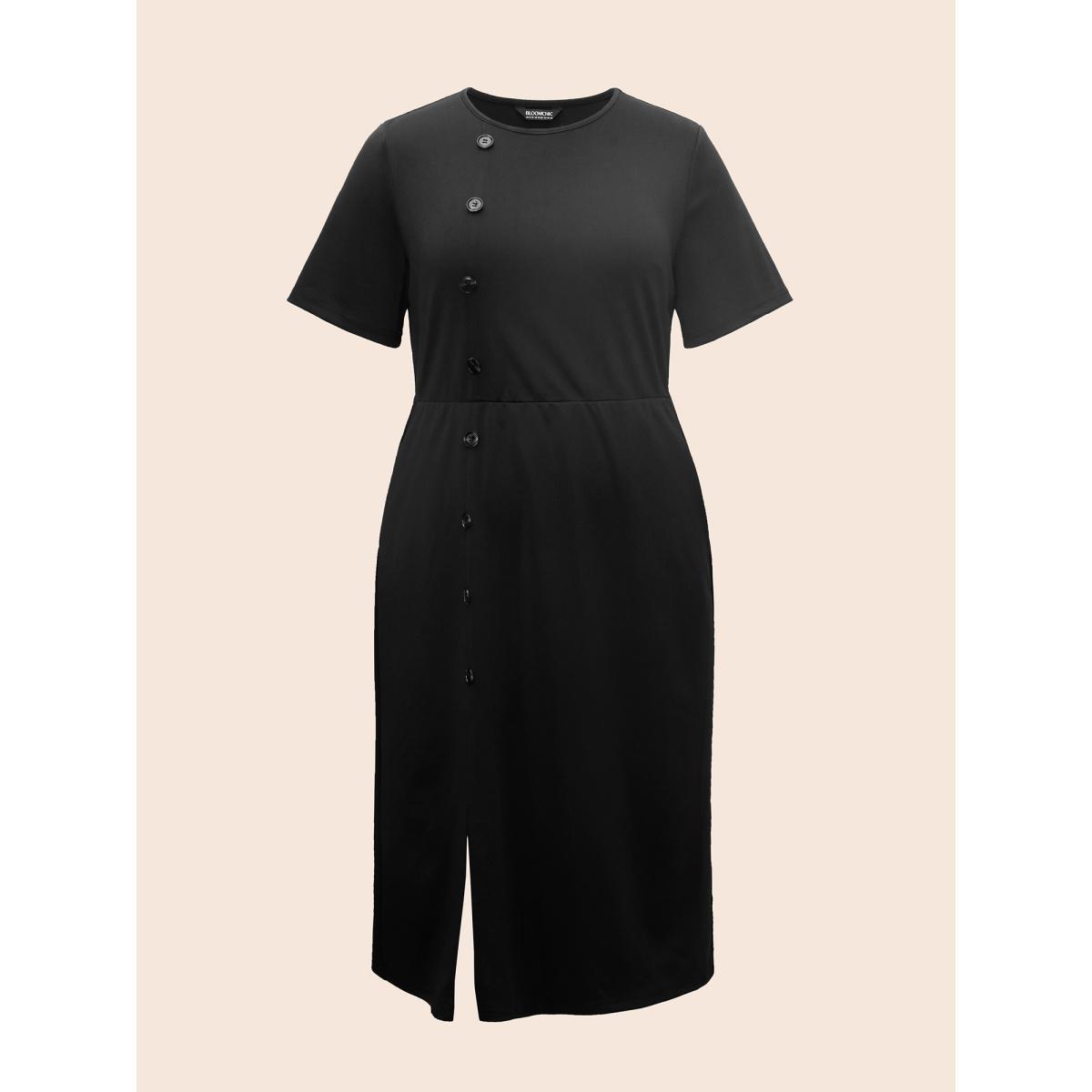 Plus Size Round Neck Button Detail Split Hem Dress Black Women At the Office Button Round Neck Short sleeve Curvy BloomChic 26/4X Product Image