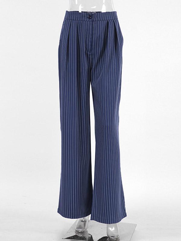 High Waisted Wide Pants Buttoned Striped Pants Trousers Product Image