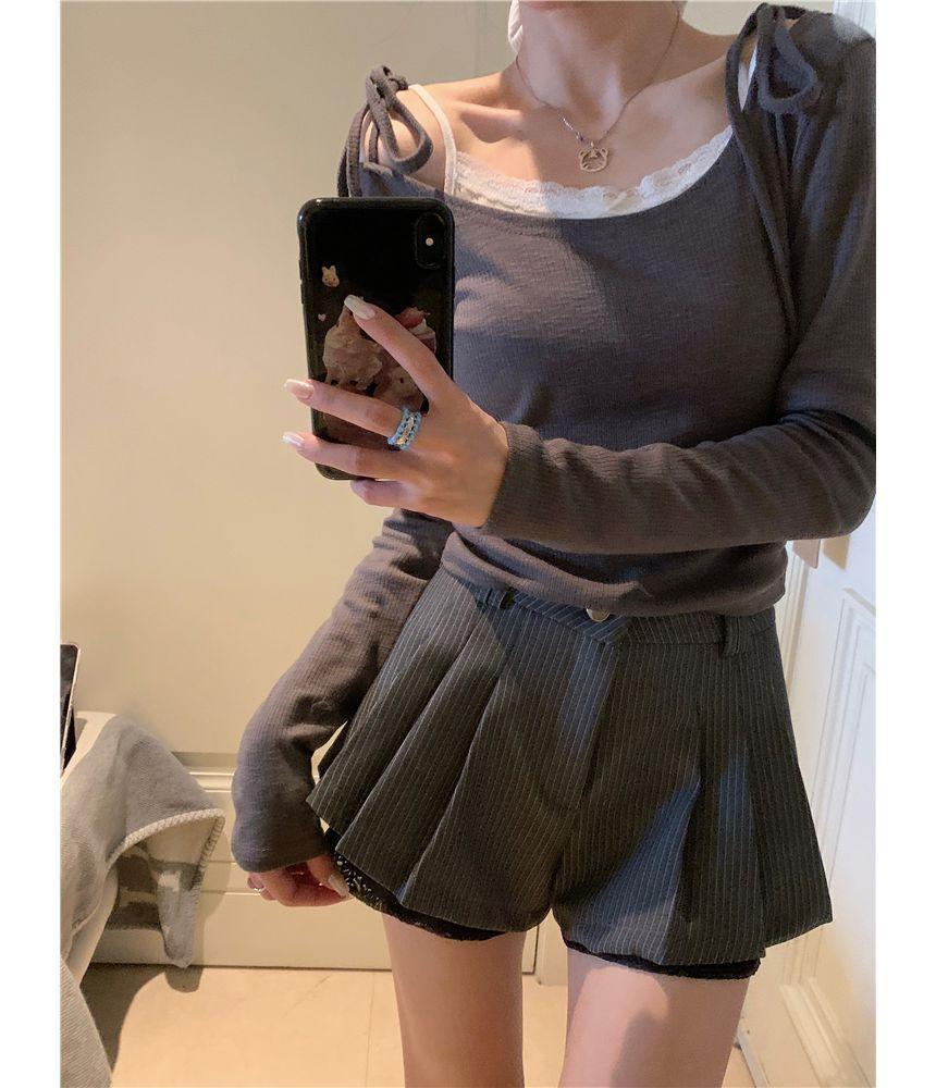 Balletcore Long-Sleeve Off-Shoulder Plain Slim Fit Mock Two Piece T-Shirt/ T-Shirt / Lace Trim Crop Cami Top / High Waist Pleated Skort Product Image