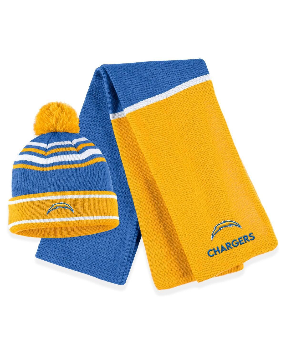 Women's WEAR by Erin Andrews Powder Blue Los Angeles Chargers Colorblock Cuffed Knit Hat with Pom and Scarf Set, Light Product Image
