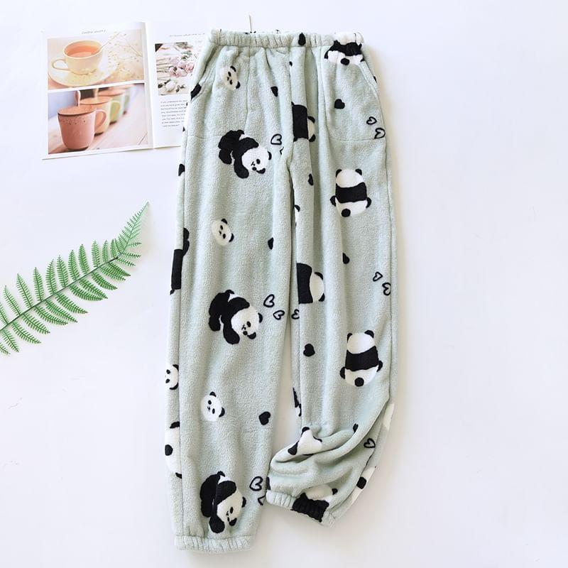 Elastic Waist Patterned Print Coral Fleece Straight Leg Pajama Pants Product Image