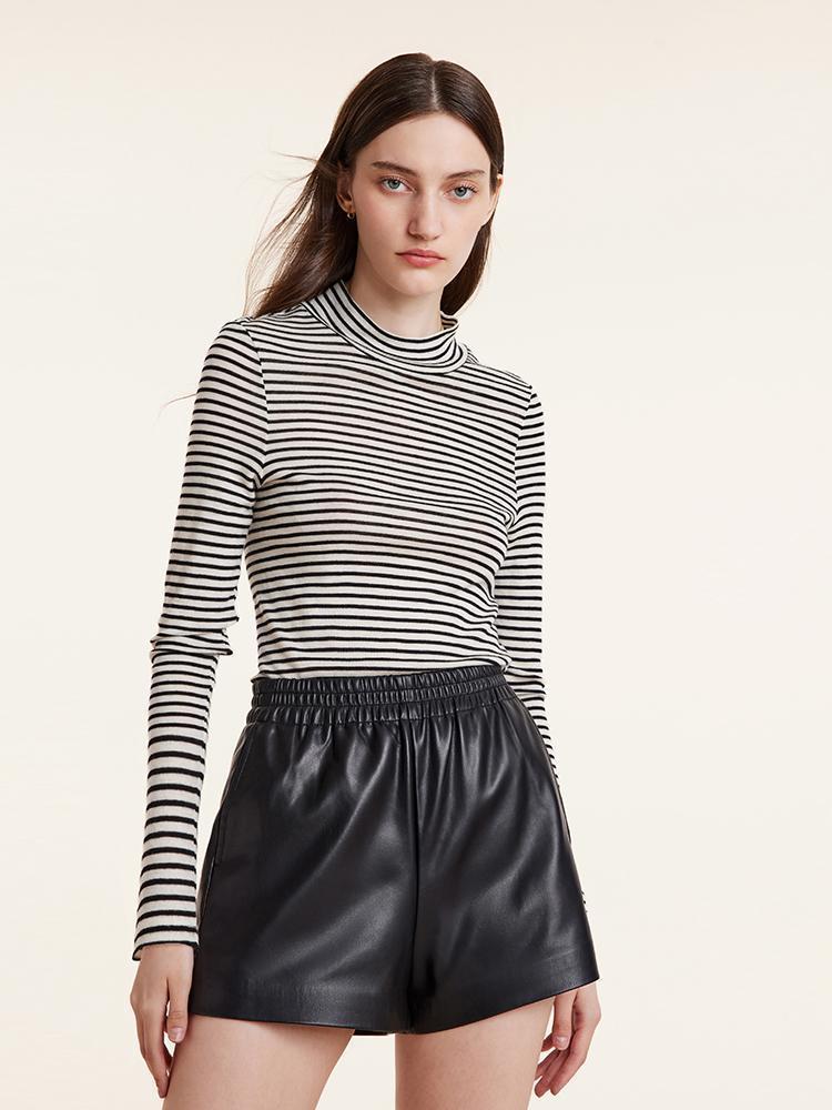 Washable Wool Striped Mock Neck Slim Women Sweater Product Image