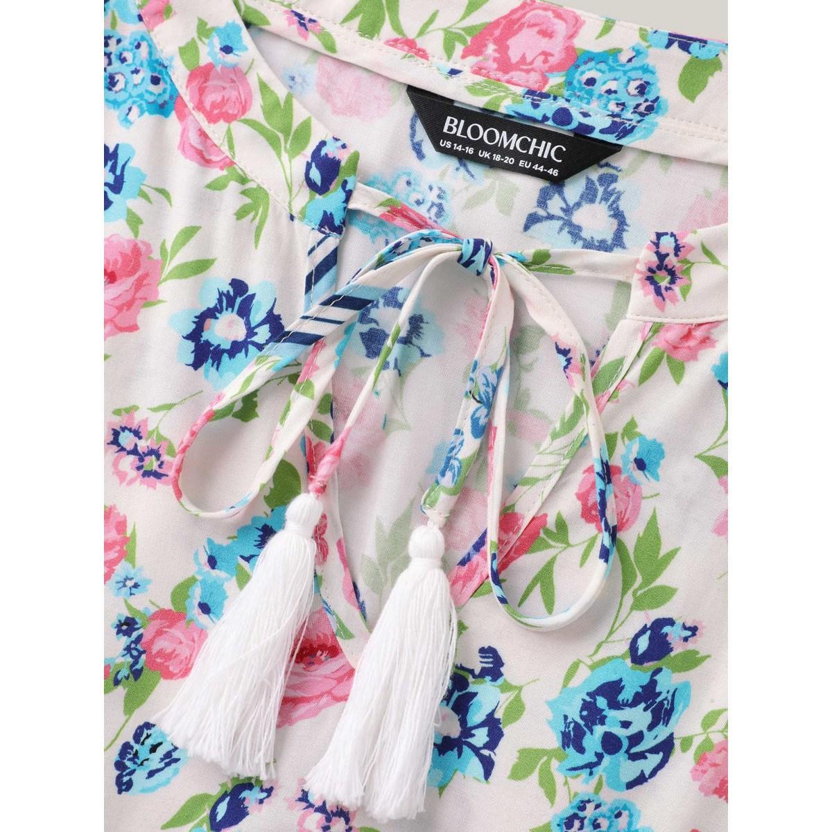 Plus Size Rayon Floral Print Neck Tie Pockets Midi Dress Multicolor Women Notched collar Short sleeve Curvy BloomChic 18-20/2X Product Image