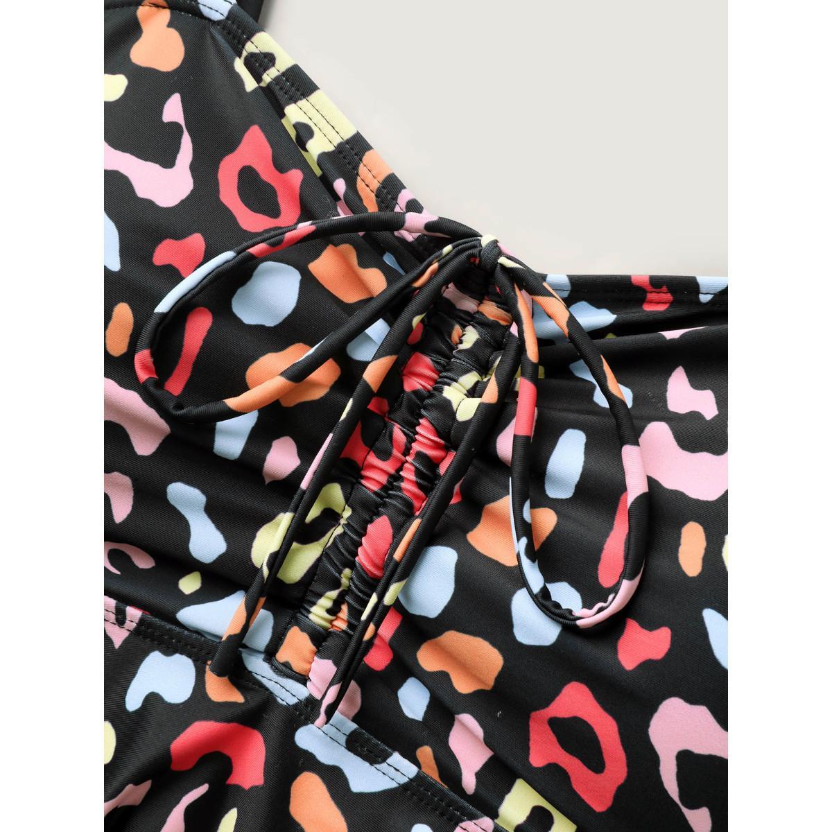 Plus Size Multicolor Leopard Print Drawstring Swim Top Women's Swimwear Black Beach Drawstring High stretch Bodycon Heart neckline Curve Swim Tops BloomChic 12/L Product Image