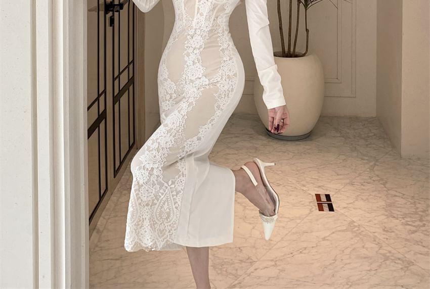 Long Sleeve Square Neck Floral Lace Maxi Bodycon Dress Product Image