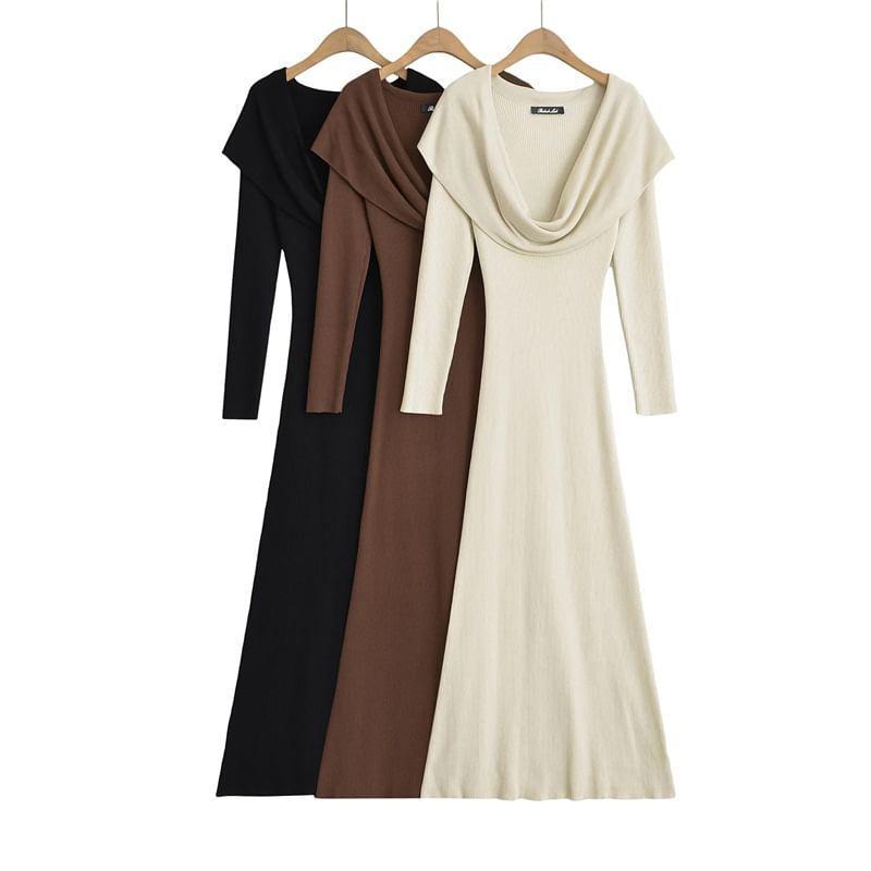Long Sleeve Cowl Neck Plain Maxi Sheath Dress Product Image