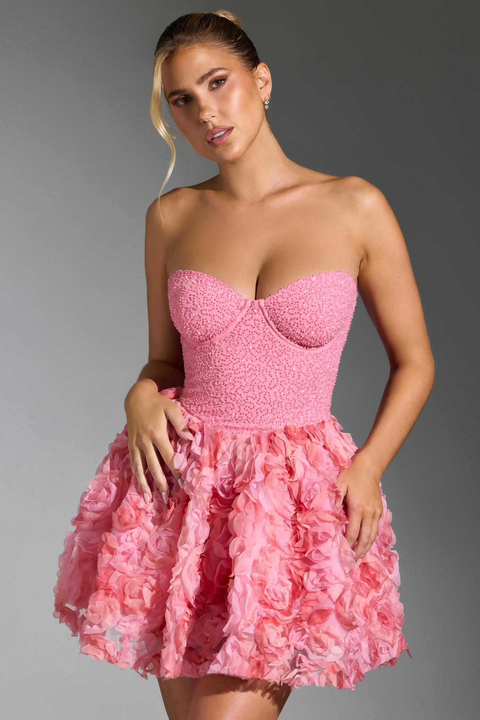 Embellished Floral-Appliqué Lace-Up Mini Dress in Pink Product Image