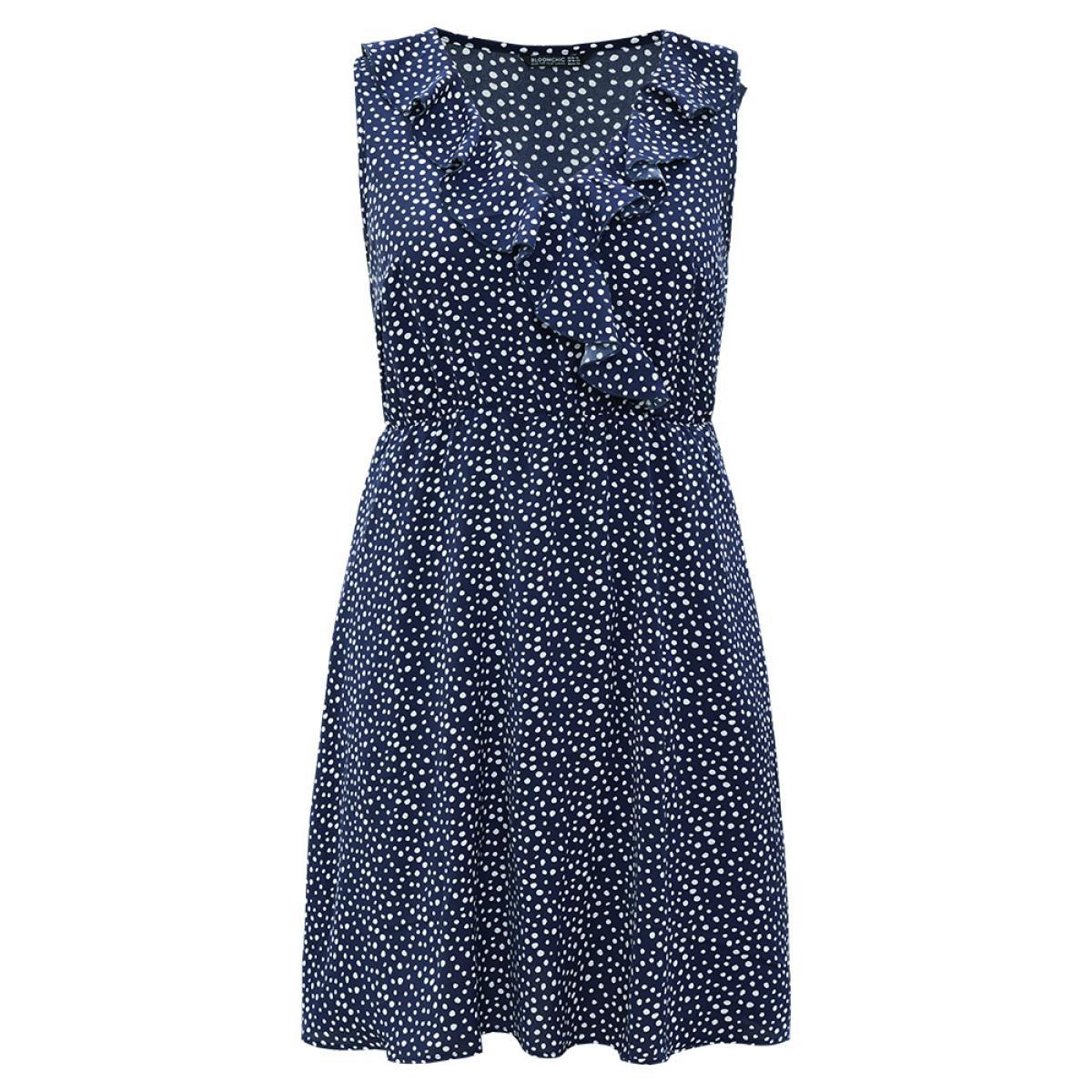 Plus Size Polka Dot Ruffle Trim V Neck Sleeveless Dress DarkBlue Women Elegant Pocket V-neck Sleeveless Curvy Knee Dress BloomChic 26/4X Product Image