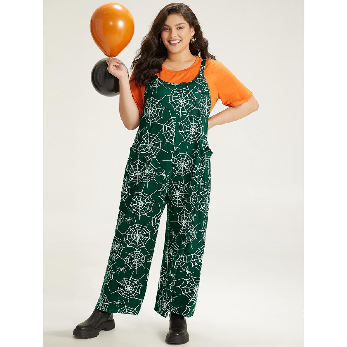 Plus Size DarkGreen Halloween Spider Web Print Pocket Overall Cami Jumpsuit Women Casual Sleeveless Spaghetti Strap Festival-Halloween Loose Jumpsuits BloomChic 10/M Product Image