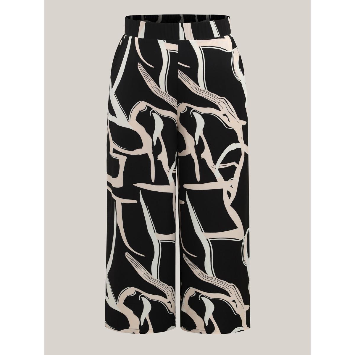 Plus Size Abstract Pattern Wide-Leg Pockets Pants Women Black At the Office Wide Leg Mid Rise Work Pants BloomChic 10/M Product Image