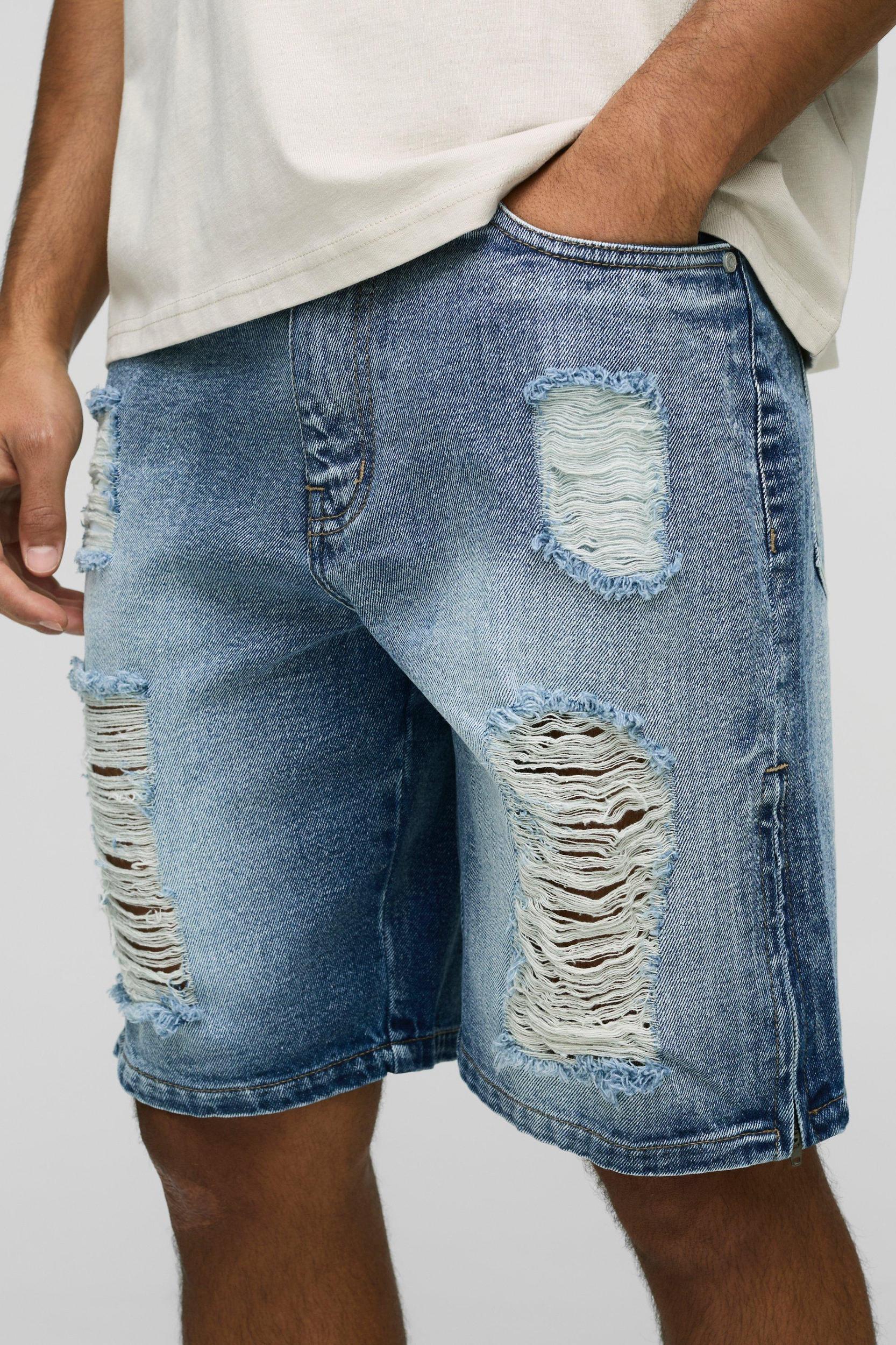 Relaxed Long Length Extreme Ripped Zip Denim Shorts | boohooMAN USA Product Image