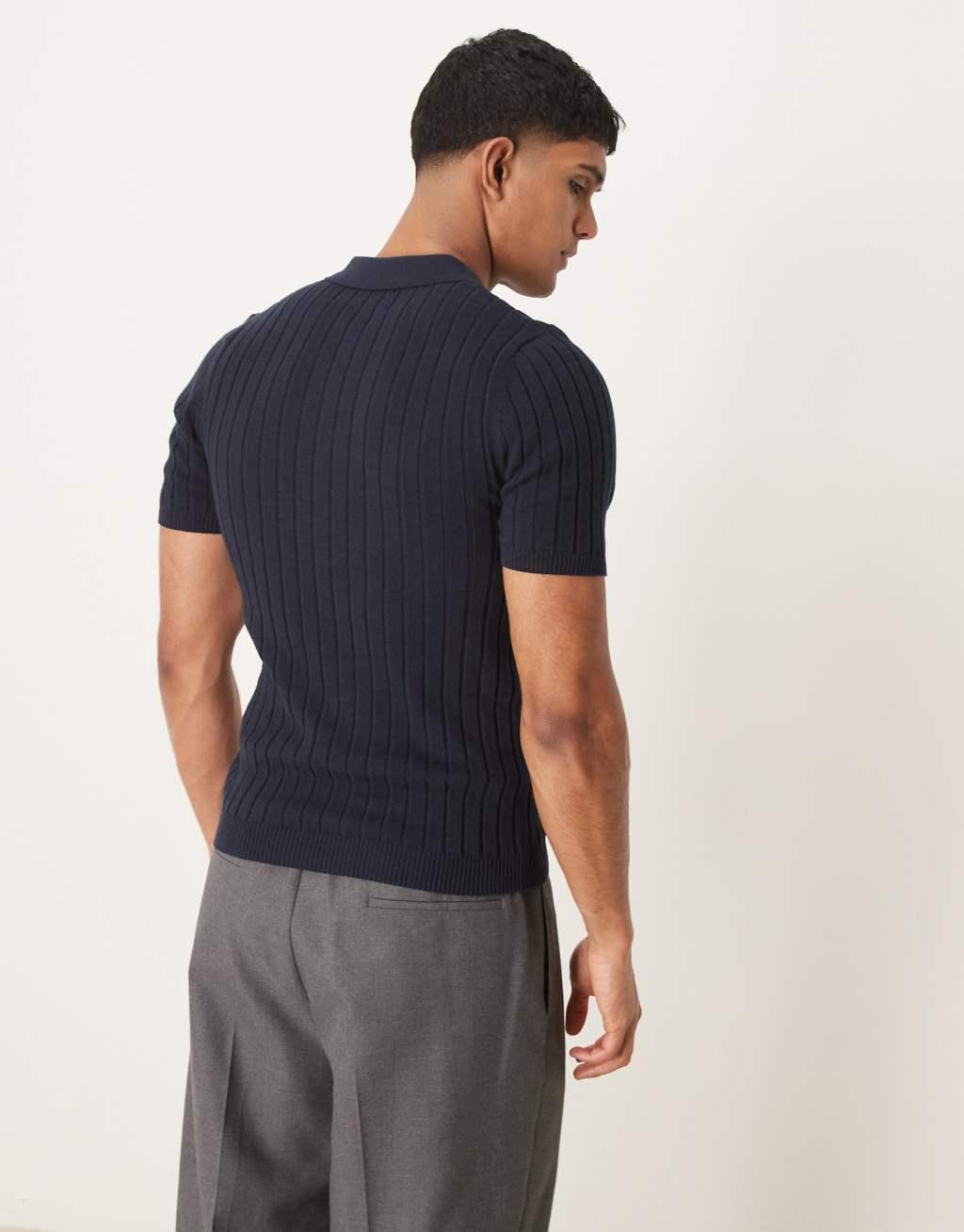 ASOS DESIGN knitted muscle fit rib polo t-shirt in navy Product Image