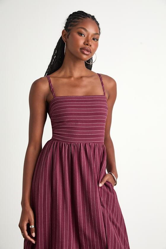 Feeling the Best Plum Striped Tie-Back Midi Dress with Pockets Product Image