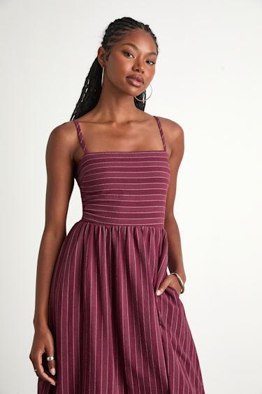 Feeling the Best Plum Striped Tie-Back Midi Dress with Pockets Product Image