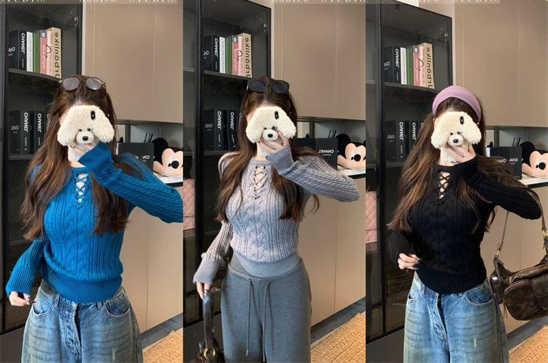 Long-Sleeve Crew Neck Plain Cutout Cable Knit Top Product Image