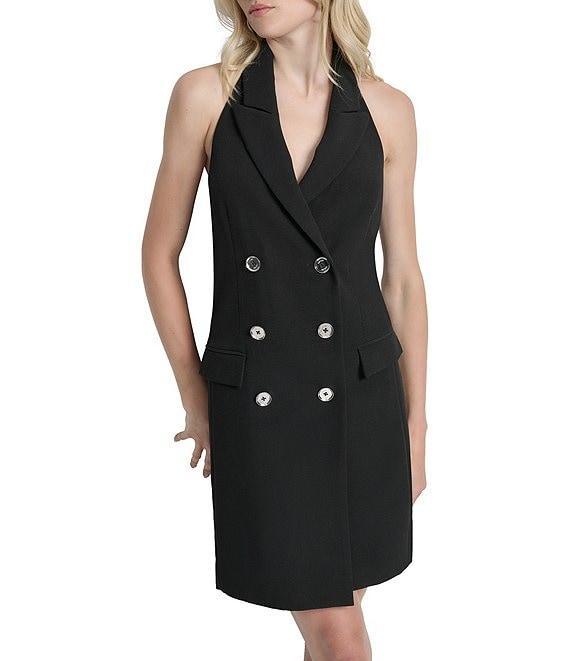 DKNY by Donna Karan Solid Crepe Collared Shawl Sleeveless Double Breasted Sheath Dress Product Image