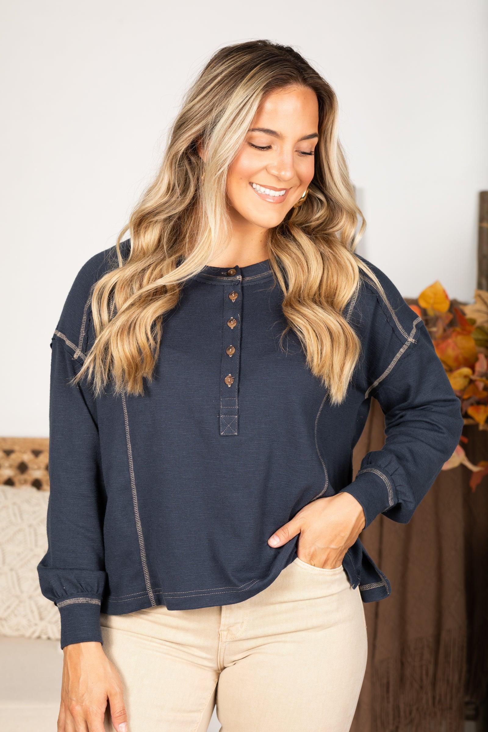 Contrast Stitch Long Sleeve Henley Knit Top Product Image