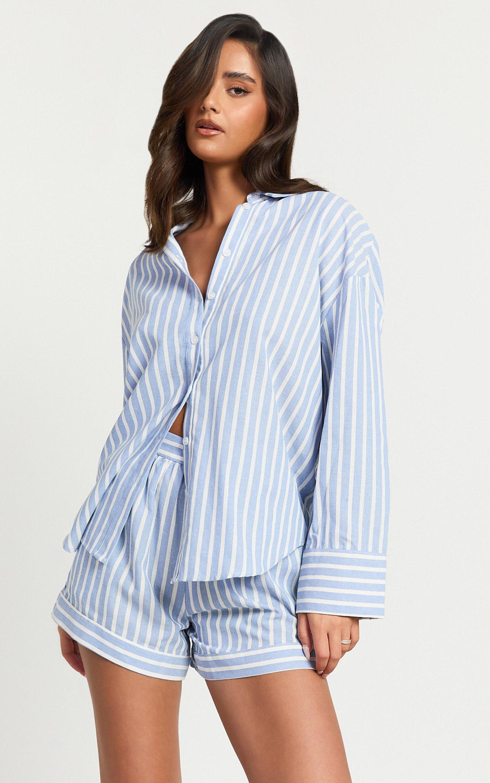 Tori Top - Oversized Button Down Stripe Shirt in Light Blue Stripe Product Image