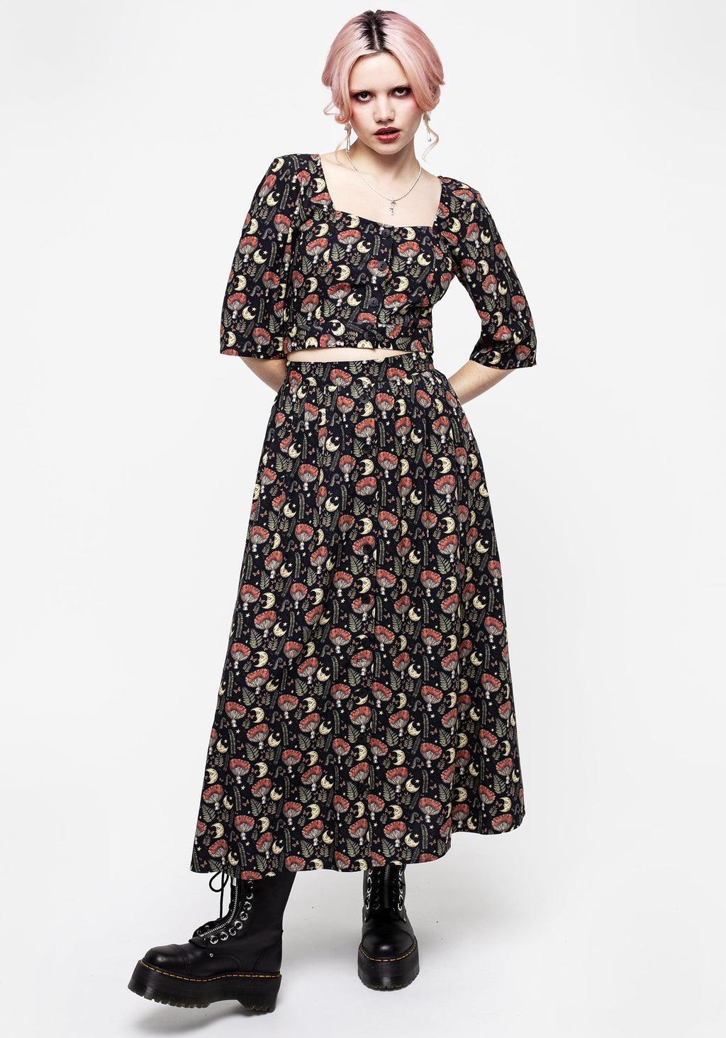 Dreamfast Mushroom Moon Print Button Up Tie Crop Top Product Image