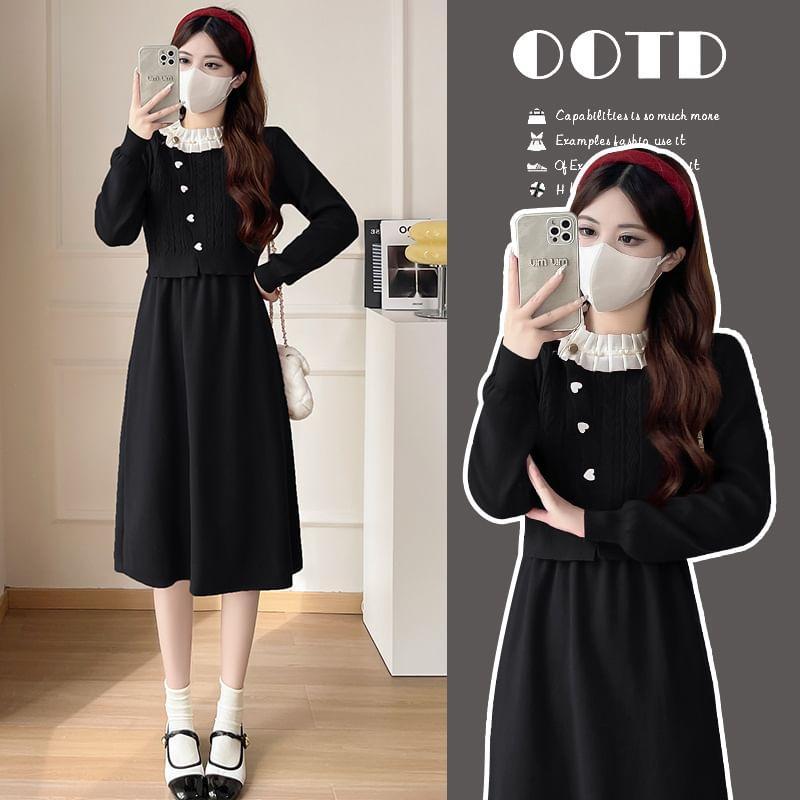 Maternity Puff-Sleeve Plain Ruffle Heart Button Knit Midi A-Line Dress Product Image