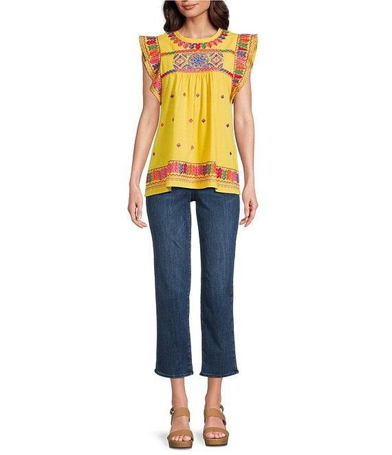 Calessa Petite Size Embroidered Round Neck Ruffle Cap Sleeve Tunic Product Image