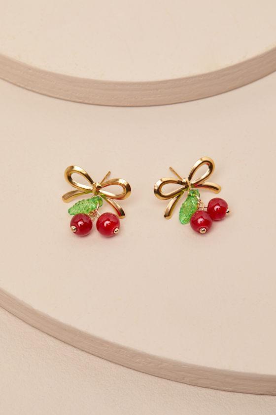 Joselyn Gold and Red Cherry Stud Earrings Product Image