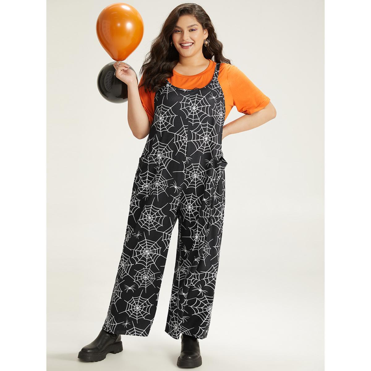 Plus Size DarkGreen Halloween Spider Web Print Pocket Overall Cami Jumpsuit Women Casual Sleeveless Spaghetti Strap Festival-Halloween Loose Jumpsuits BloomChic 10/M Product Image