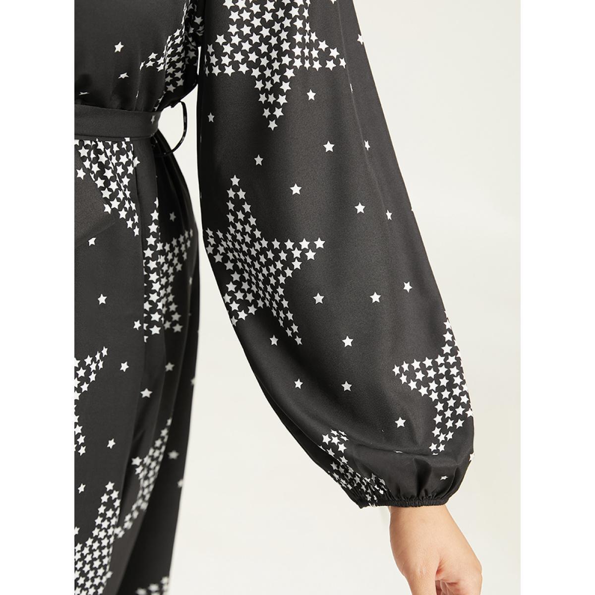Plus Size Star Print Wrap Belted Lantern Sleeve Dress Black Women Casual Elastic cuffs V-neck Long Sleeve Curvy Midi Dress BloomChic 12/L Product Image