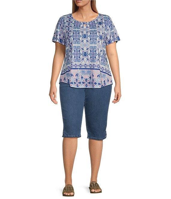 Allison Daley Plus Size Pink Folk Tile Print Short Sleeve Keyhole Neck Knit Top Product Image