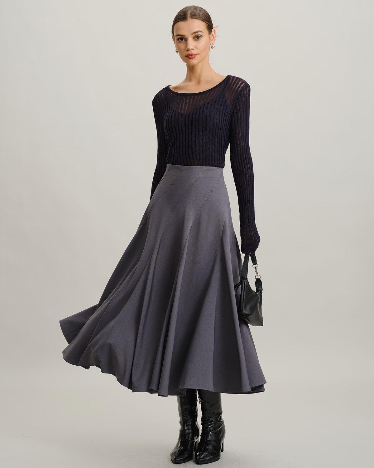 Grey High Waisted Pleated Midi Skirt Product Image