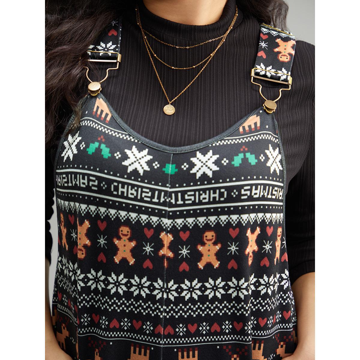 Plus Size Black Christmas Print Adjustable Straps Jumpsuit Women Casual Sleeveless Spaghetti Strap Dailywear Loose Jumpsuits BloomChic 22-24/3X Product Image