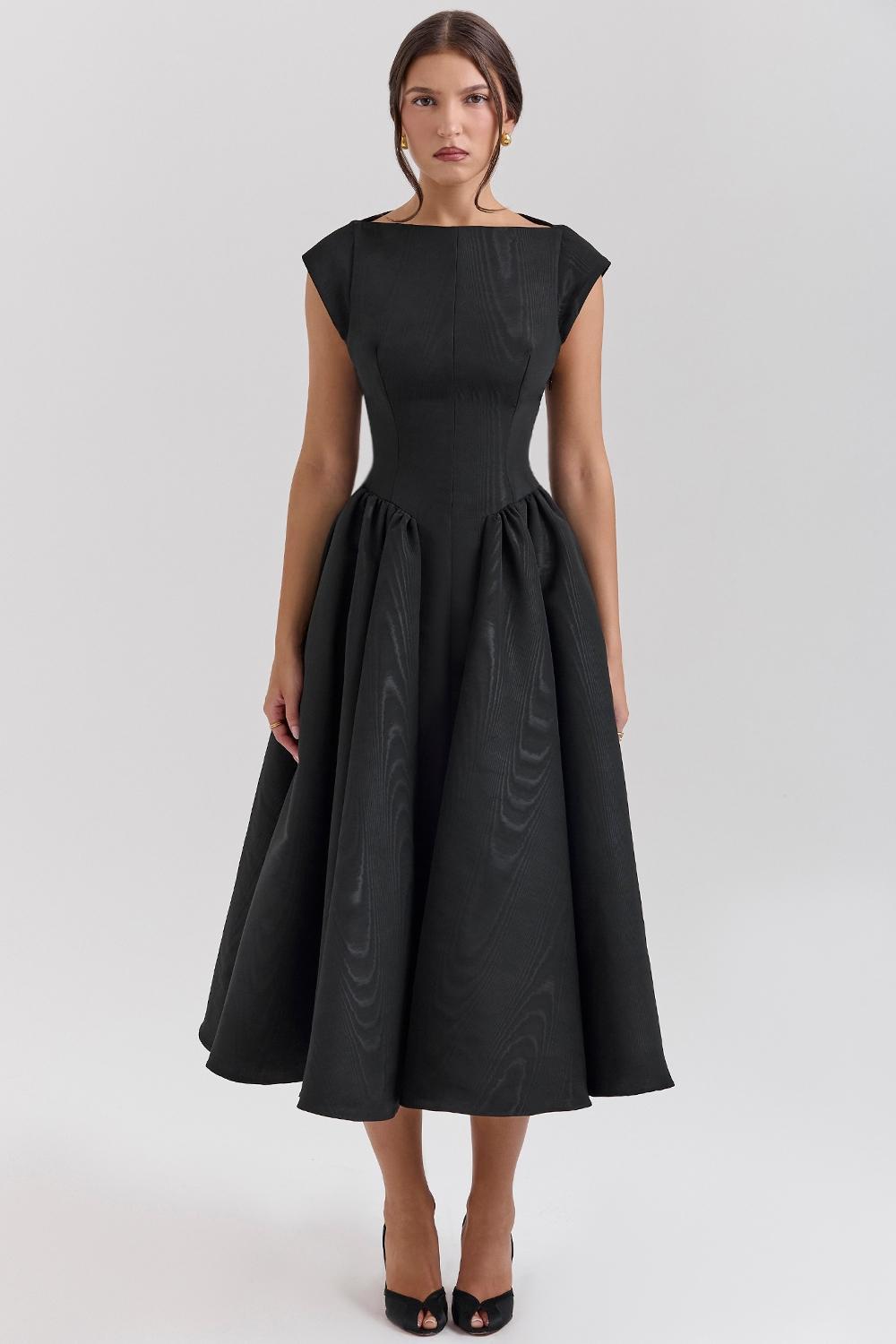 Debutante  black moire satin backless midi dress Product Image