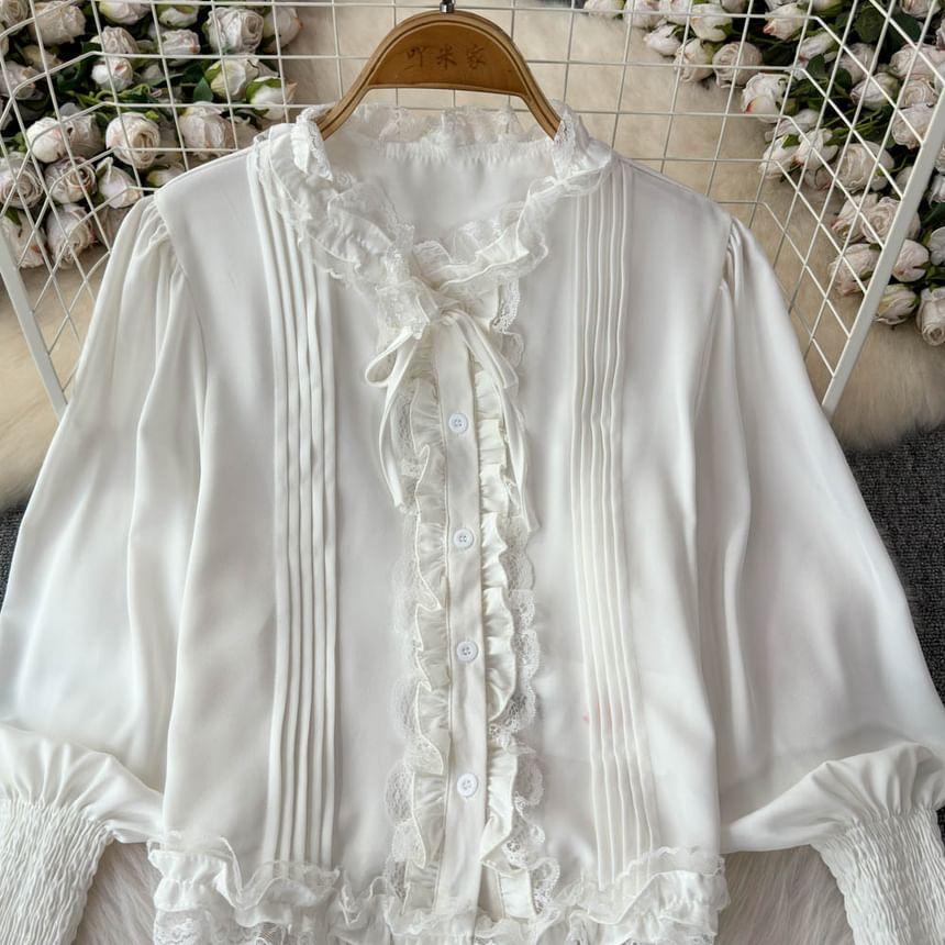 Balloon-Sleeve Frill Trim Plain Crop Shirt Product Image