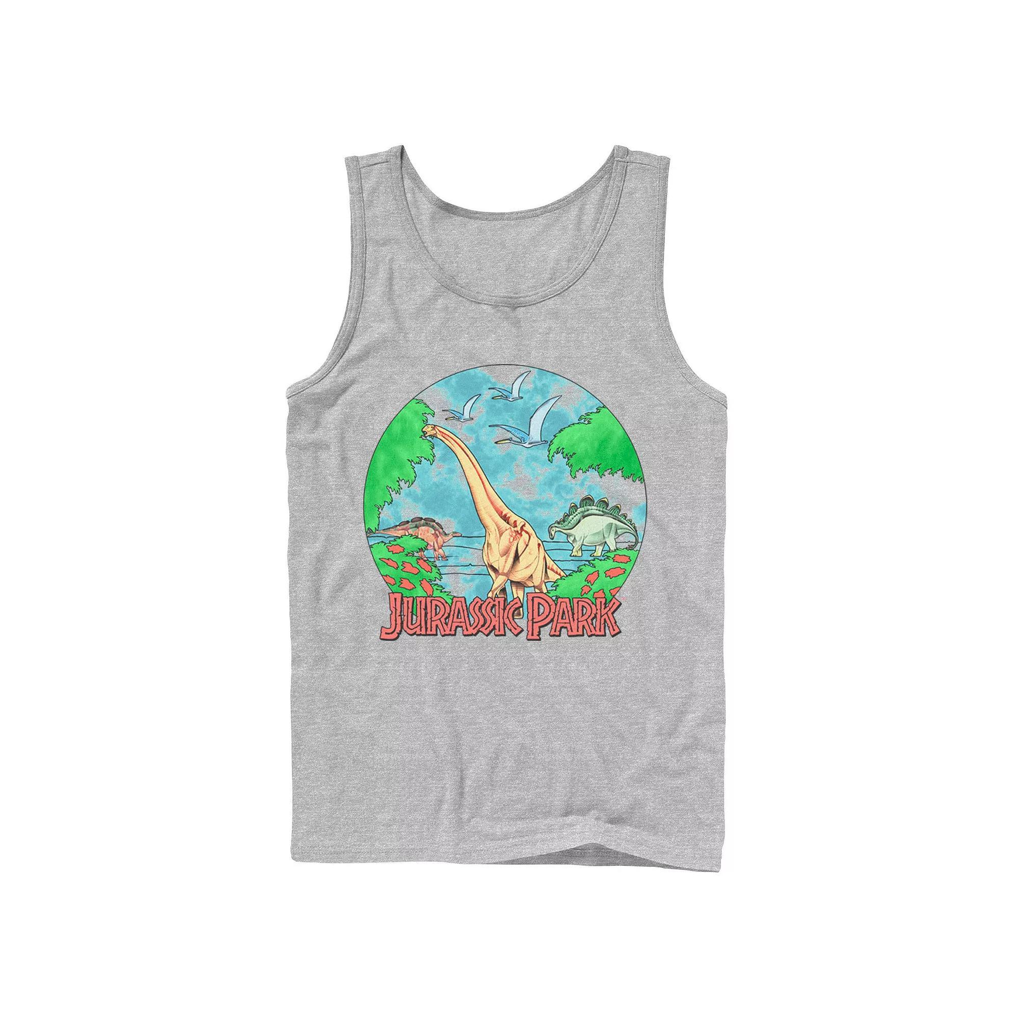 Men's Jurassic Park Retro Globe Watercolor Scene Tank Top, Size: Large, Athletic Grey Product Image