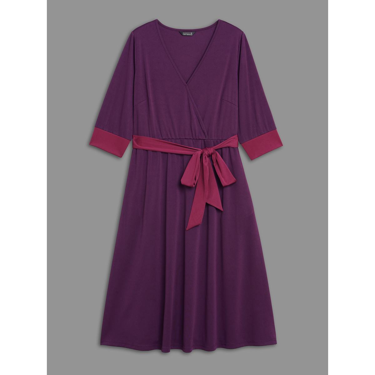 Plus Size Overlap Collar Contrast Belted Midi Dress Deeppurplered Women Elegant Belted Overlap Collar Elbow-length sleeve Curvy BloomChic 28/5X Product Image