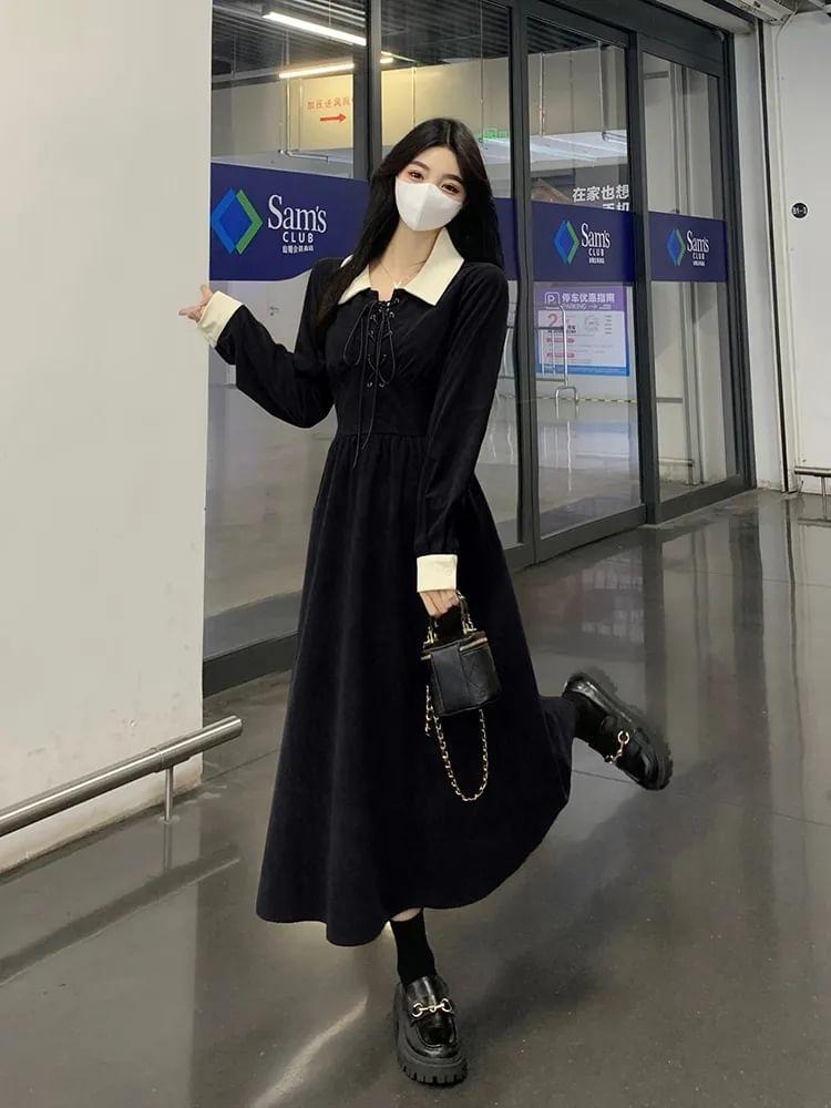 Long-Sleeve Collar Two Tone Lace-Up Midi A-Line Dress Product Image