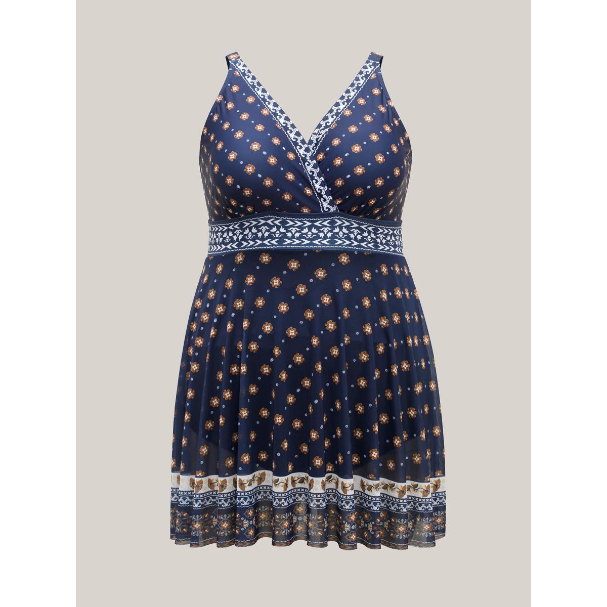 Plus Size Sheer Boho Print Surplice Swim Dress Women's Swimwear Indigo Beach Bodycon Overlap Collar High stretch Curve Swim Dresses BloomChic 14-16/1X Product Image