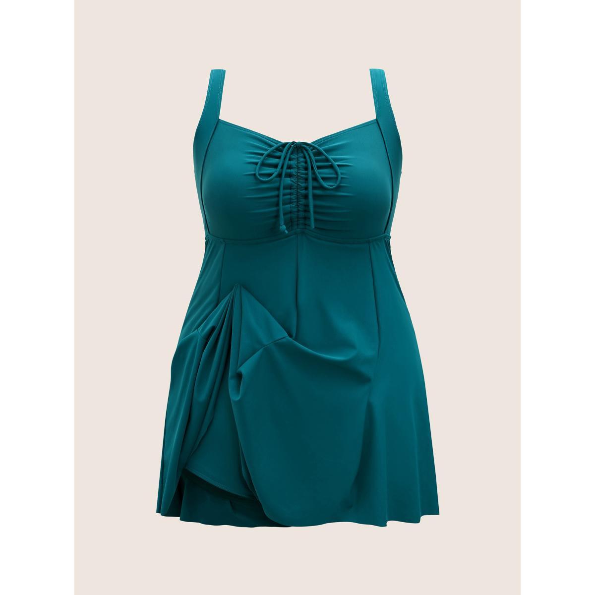 Plus Size Heart Neckline Drawstring Patchwork Pleated Swim Dress Women's Swimwear Cyan Beach Bodycon Heart neckline High stretch Curve Swim Dresses BloomChic 10/M Product Image